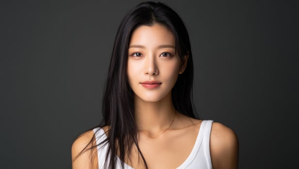 Portrait of a young Asian woman in a white tank top against a gray background photo