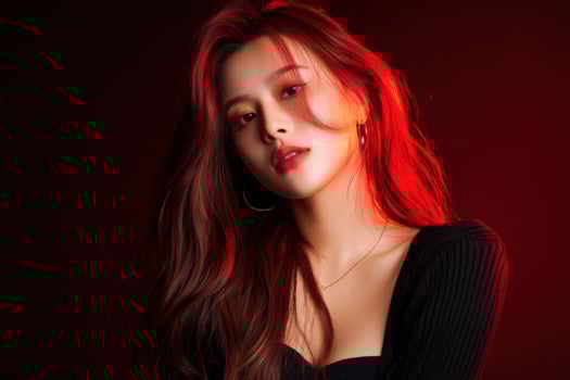 Portrait of a woman looking at camera in a studio with red light in background photo