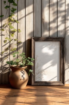 Potted plant and blank frame for poster, mockup, sunlight, wood plank wall photo