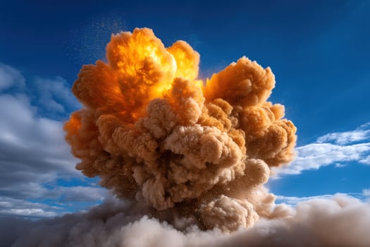 Powerful explosion with flames and smoke against a blue sky for safety campaign photo