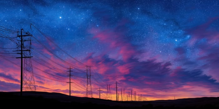 Power lines on the horizon at dusk, under a sky of clouds and stars photo