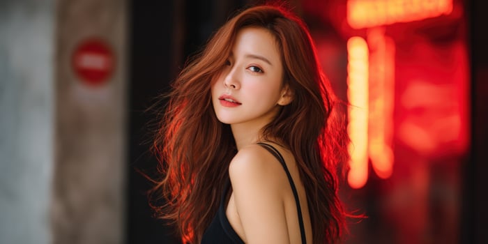 Radiant Asian woman with auburn wavy hair posed with a neon red glowing background photo