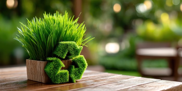 Green grass in a wooden box on a table photo