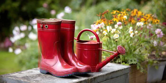 Red boots and watering can sit outdoors near a flowerbed, creating a cheerful scene photo