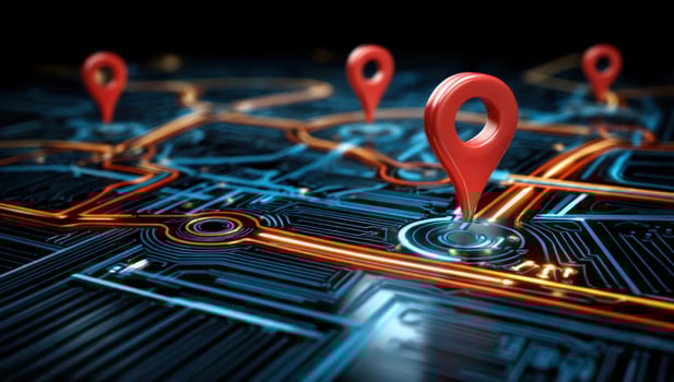 Red map pin over digital city street lines for future city travel navigation photo