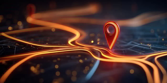 Red pin marking a destination on a map with glowing connection lines photo