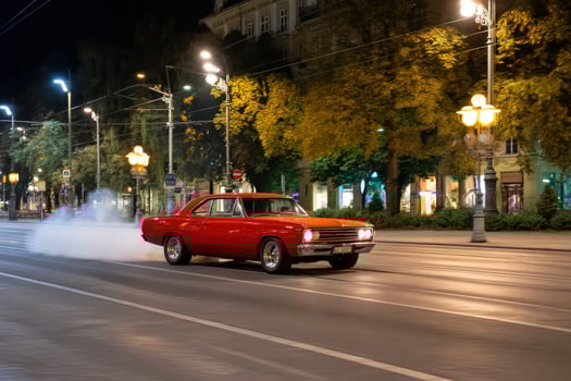 Red car speeding down city street at night with smoke for transportation ads photo