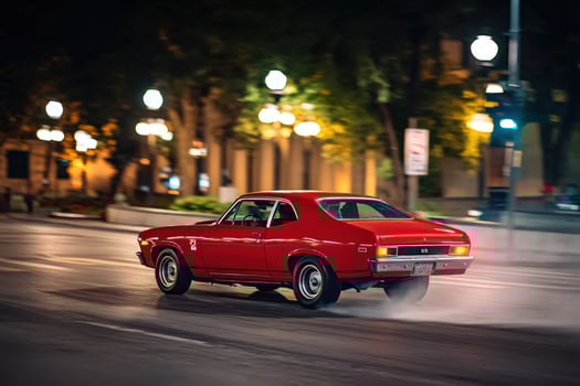 Red vintage car accelerating on road at night with city lights in background photo