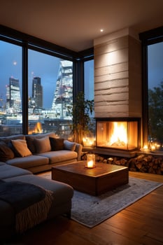 Relaxing living space, London backdrop, cozy fire, candlelight atmosphere, cityscape photo