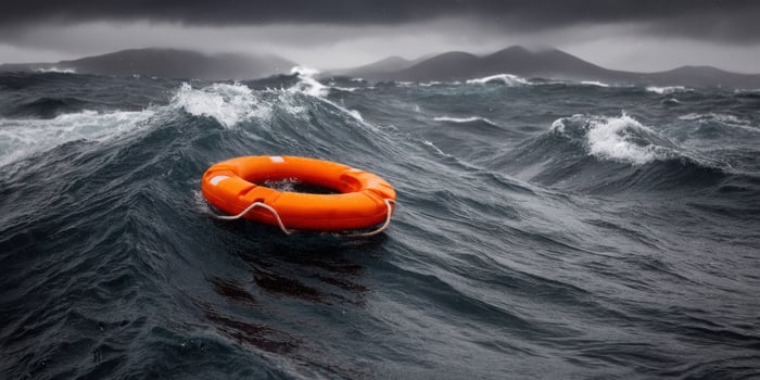 An orange life preserver floating in the middle of a stormy sea photo