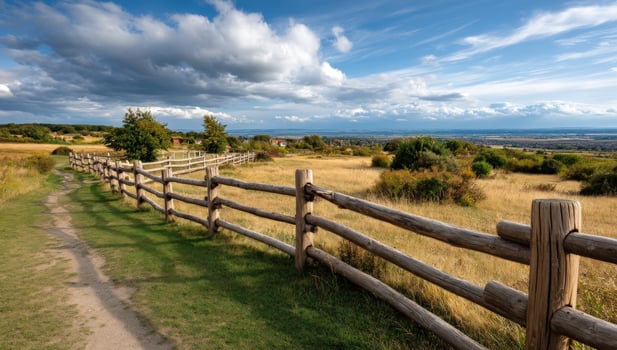 Rural country path in sunny field with wooden fence and sky photo