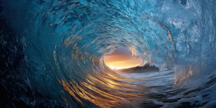 Sea wave barrel view at sunset, travel, nature, ocean landscape, wallpaper photo