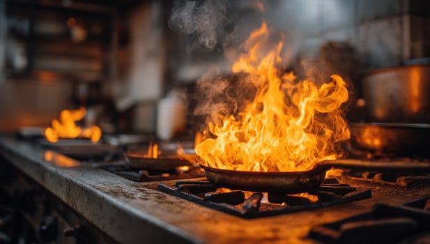Sizzling pan ablaze with intense heat, culinary action in a kitchen photo