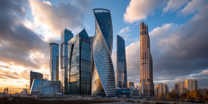 Skyscrapers rise at sunset in city center, Moscow, Russia. Urban development photo