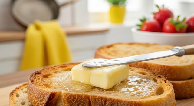 Butter melting on a slice of toasted bread, breakfast scene photo