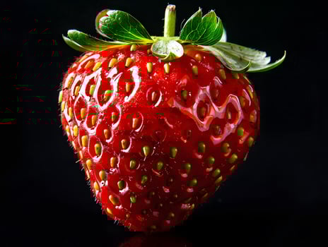 Shiny red strawberry shaped like a heart on a black background photo