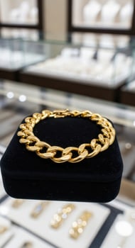 Gold chain link bracelet displayed on a black velvet stand photo