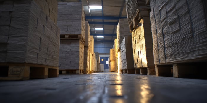 Stacks of Goods Stored on Pallets in Warehouse Aisle with Bright Light photo