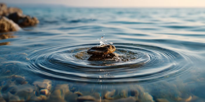 Stone stack on rocks in water with ripples symbolizing balance and mindfulness photo