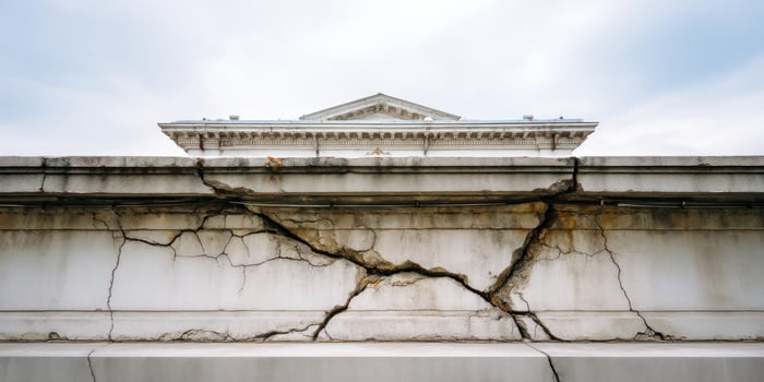Structural damage. Crack forming in building facade, seen under a cloudy sky photo
