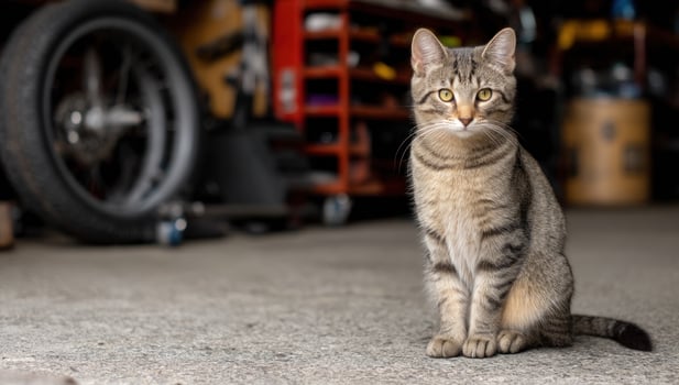 Tabby cat sits attentively in a cluttered garage, looking at the viewer photo
