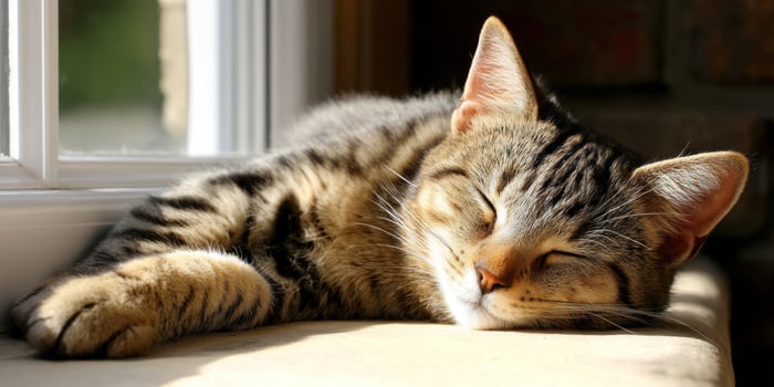 Tabby cat sleeping on windowsill, sunbathing indoors, relaxed and peaceful photo