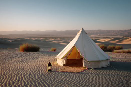 Tent camping at desert landscape during sunset for tourism and wanderlust themes photo