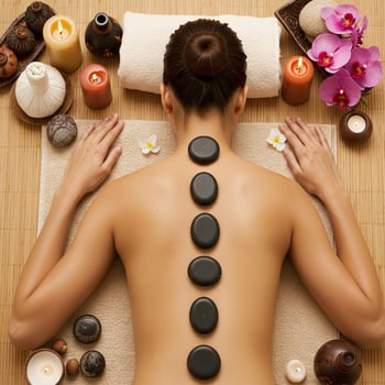Serene overhead perspective of a woman indulging in a luxurious hot stone back massage for ultimate relaxation. photo