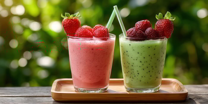 Two smoothies with strawberries and raspberries on a wooden tray photo