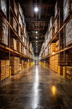 Warehouse aisle with stacked boxes, reflective floor, and overhead lighting photo