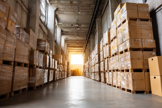 Warehouse stacks of cardboard boxes on pallets stretching down a long corridor photo