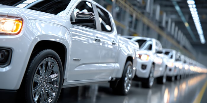 White pickup trucks in a factory ready for shipping, automotive industry use photo