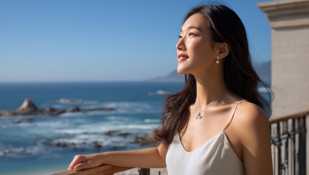 Woman gazing at ocean from balcony on sunny day with blue sea background photo