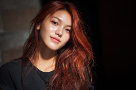 Woman portrait with red wavy hair, indoors against dark background, fashion use photo
