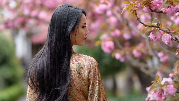 Woman posing by cherry blossoms in spring, showcasing natural beauty in garden photo
