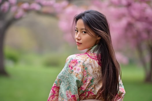 Woman posing in kimono in nature, cherry blossoms in background for beauty shot photo