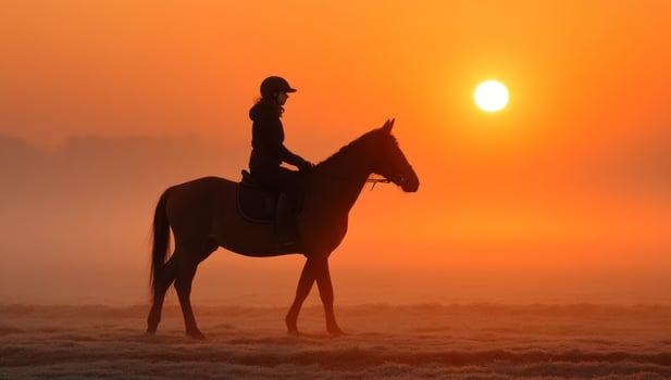 Woman riding horse in foggy field at sunset. Equine silhouette against sun photo