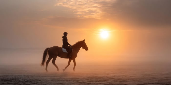 Woman riding horse at sunrise in misty field, equine sport and outdoor activity photo