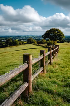 Wooden fence stretches across lush green field on sunny day, use nature scene photo