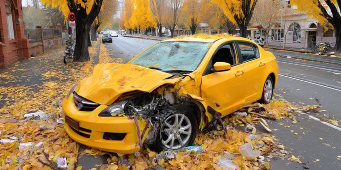 Yellow car crash on road, surrounded by fallen autumn leaves photo