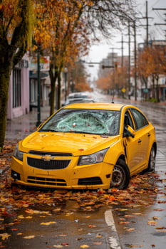 Yellow car wrecked on a city street with fall leaves and a blurry city background photo