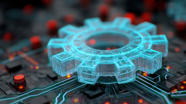 A blue futuristic gear sitting atop a complex board with red light details photo
