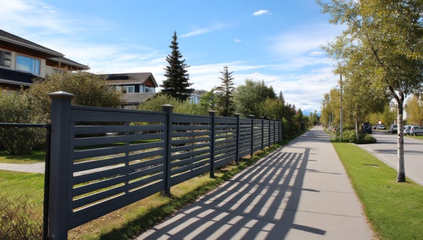 Fence shadows on sidewalk near homes, for real estate, landscaping, construction photo