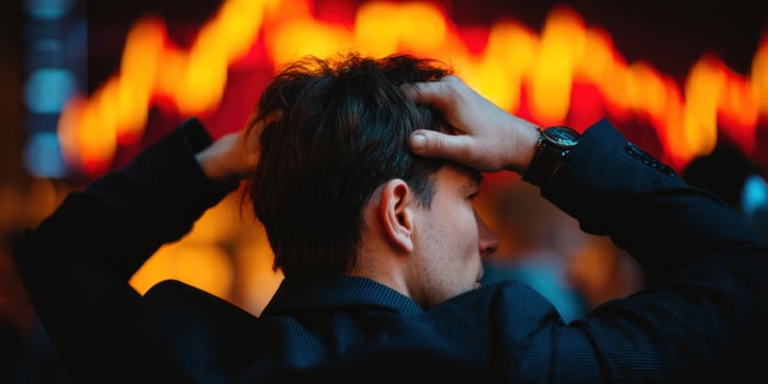 Stressed investor with stock market crash chart in background expressing failure photo