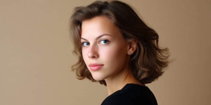 Portrait of a young woman in a black top against a plain background. Possible use Beauty photo