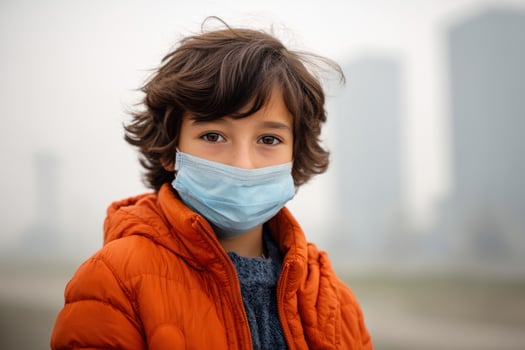 Boy wears face mask in city with smog in background. Health concerns photo