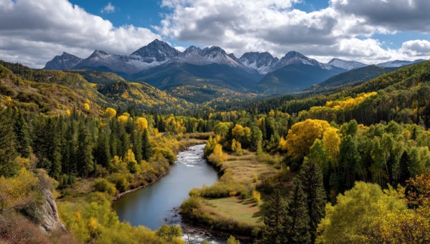 Mountain river flows thru autumn forest landscape, cloudy sky. Travel destination photo