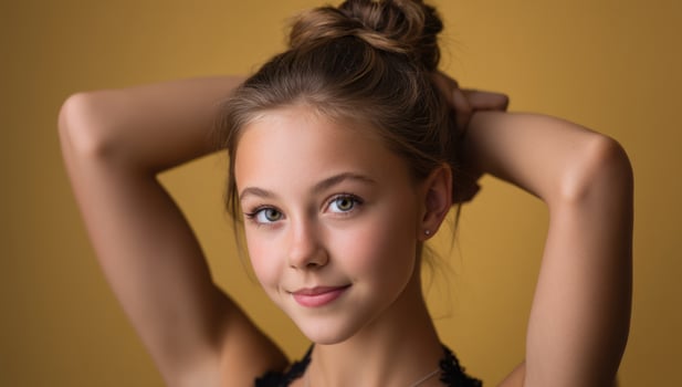 Smiling girl poses, hands behind her head against yellow background, for ads photo