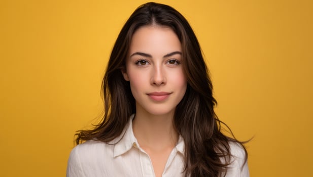Portrait of smiling woman in white blouse against yellow background for advertising photo