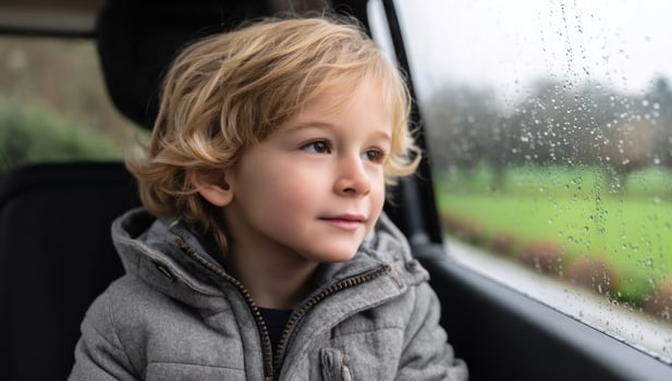Boy looks out car window on rainy day at roadside, contemplation, travel, mood photo